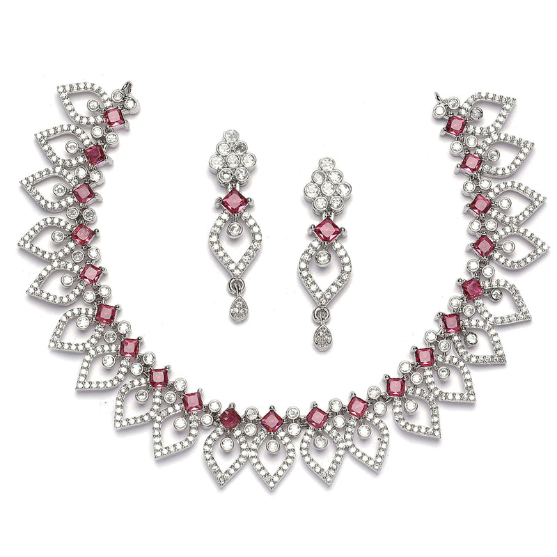 Rhodium-Plated Red American Diamond Studded Floral & Leaf Shaped Necklace with Earrings Jewellery Set
