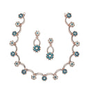 Rose Gold-Plated Blue & White Cubic Zirconia Studded Flower Shaped Necklace with Earrings Jewellery Set