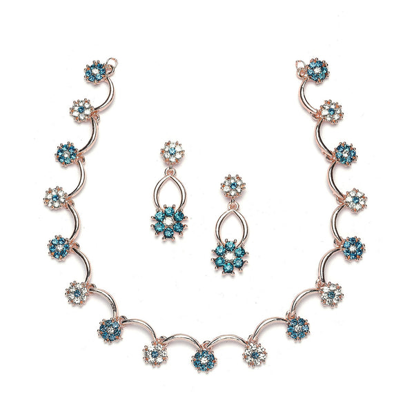 Rose Gold-Plated Blue & White Cubic Zirconia Studded Flower Shaped Necklace with Earrings Jewellery Set