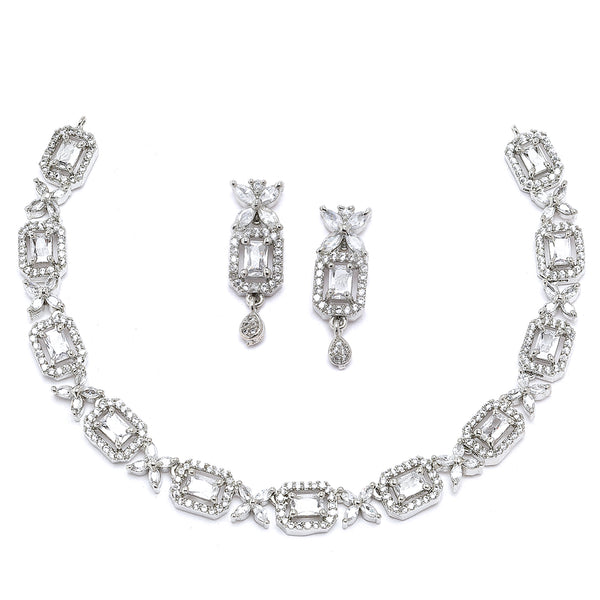 Rhodium-Plated White American Diamonds Studded Cubical Necklace & Earrings Jewellery Set