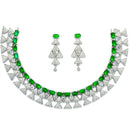 Rhodium-Plated Green American Diamond Studded Triangular Design Necklace & Earrings Jewellery Set