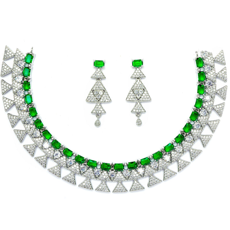 Rhodium-Plated Green American Diamond Studded Triangular Design Necklace & Earrings Jewellery Set