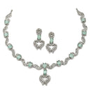 Rhodium-Plated Sea Green American Diamond Studded Heart Shaped Necklace & Earrings Jewellery Set