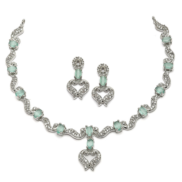 Rhodium-Plated Sea Green American Diamond Studded Heart Shaped Necklace & Earrings Jewellery Set