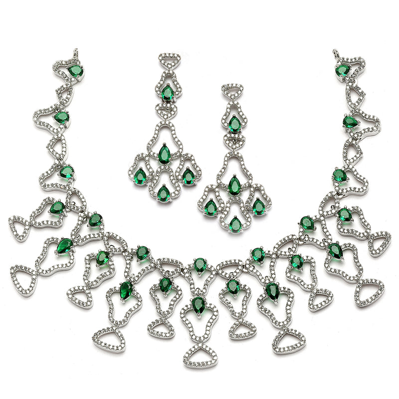 Rhodium-Plated Green American Diamond Studded Quirky Design Necklace with Earrings Jewellery Set