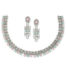 Rhodium-Plated Pink & Sea Green Round Shape American Diamonds Studded Necklace & Earrings Jewellery Set
