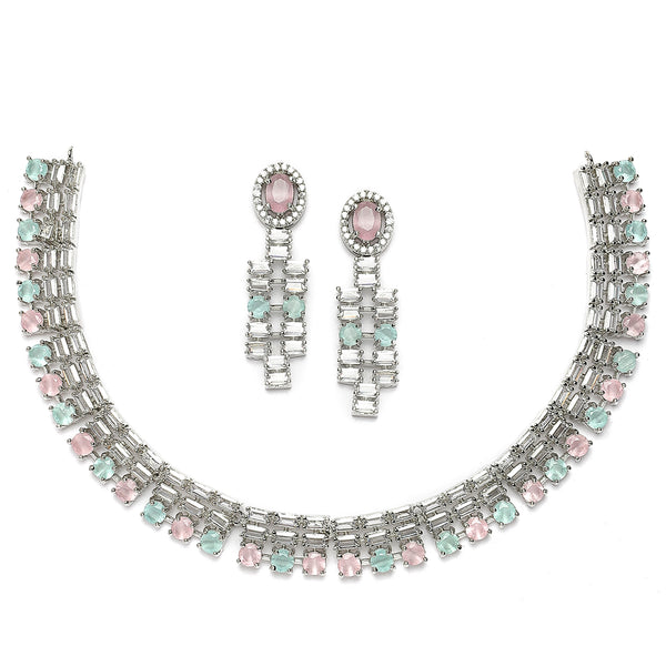Rhodium-Plated Pink & Sea Green Round Shape American Diamonds Studded Necklace & Earrings Jewellery Set