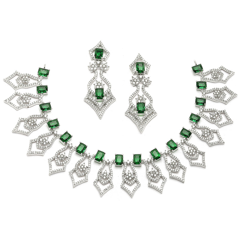 Rhodium-Plated Green American Diamond Studded Tempted Necklace & Earrings Jewellery Set