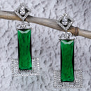 Rhodium-Plated Green American Diamond studded Rectangular Shaped Drop Earrings