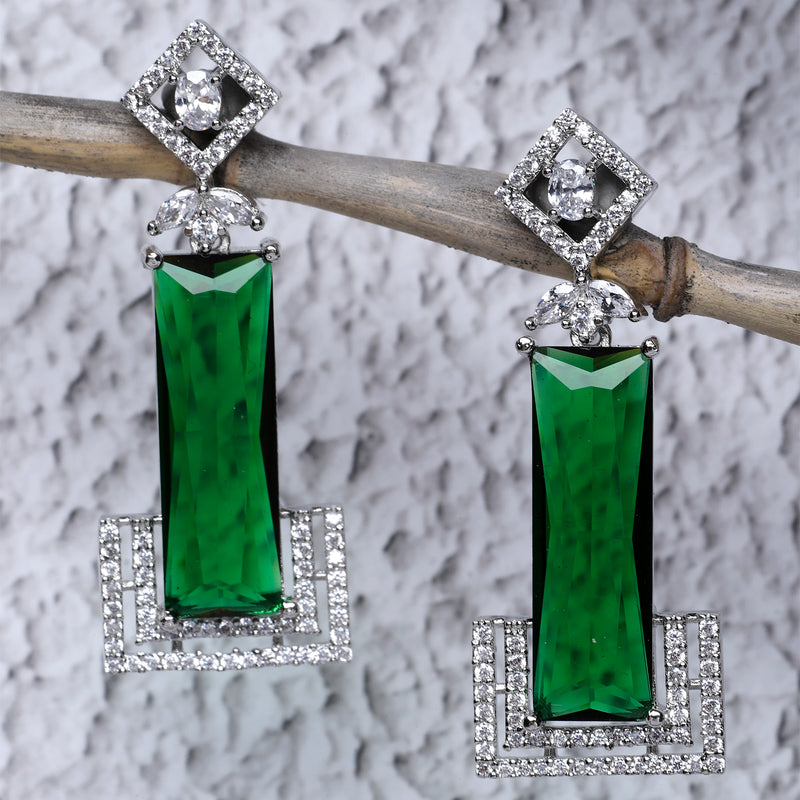 Rhodium-Plated Green American Diamond studded Rectangular Shaped Drop Earrings