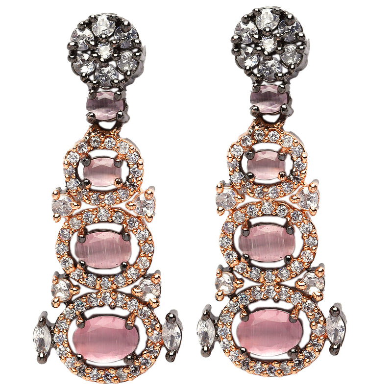 Rose Gold-Plated Gunmetal Toned Pink American Diamond studded Quirky Shaped Drop Earrings