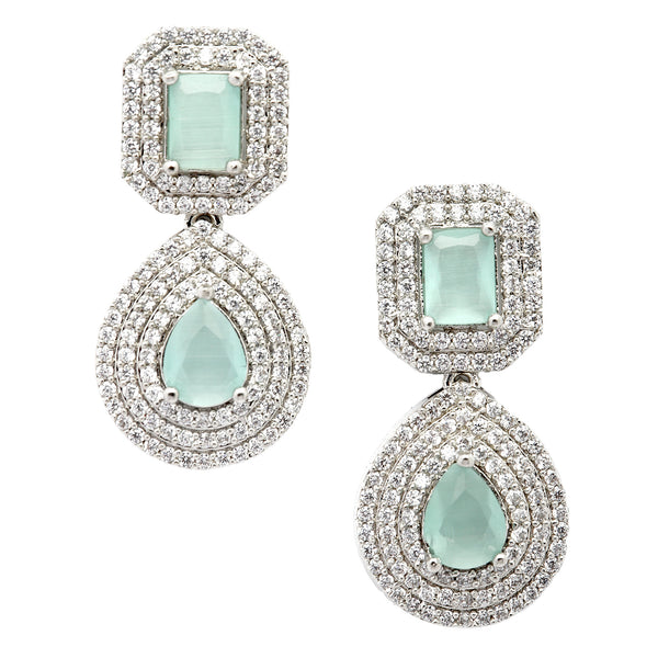 Rhodium-Plated Sea Green & White American Diamond studded Square & Teardrop Shaped Drop Earrings