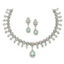 Rhodium-Plated Sea Green American Diamond Studded Floral & Teardrop Shaped Necklace & Earrings Jewellery Set