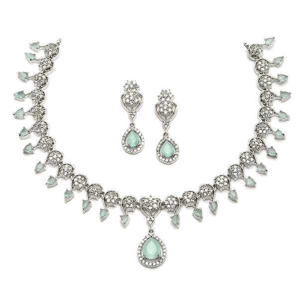 Rhodium-Plated Sea Green American Diamond Studded Floral & Teardrop Shaped Necklace & Earrings Jewellery Set