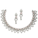 Rhodium-Plated Pink American Diamond Studded Floral & Leaf Shaped Necklace with Earrings Jewellery Set