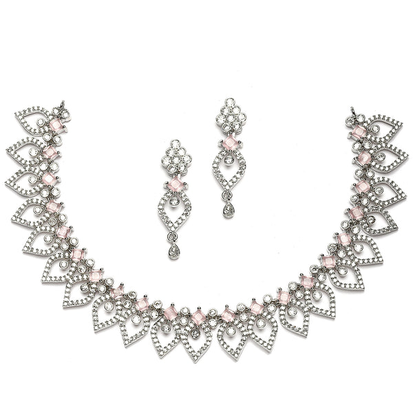 Rhodium-Plated Pink American Diamond Studded Floral & Leaf Shaped Necklace with Earrings Jewellery Set