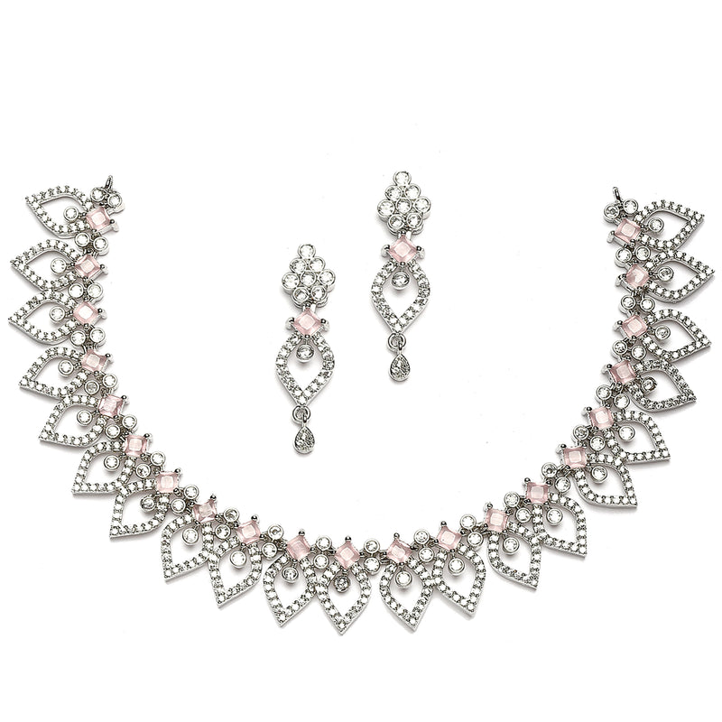Rhodium-Plated Pink American Diamond Studded Floral & Leaf Shaped Necklace with Earrings Jewellery Set