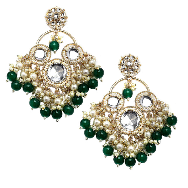 Gold-Plated Kundan & Green Pearls studded Floral Shaped Tasselled Drop Earrings