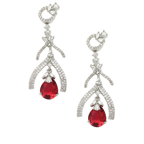 Rhodium-Plated Red American Diamond studded Teardrop & Quirky Shaped Drop Earrings