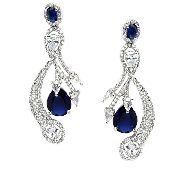 Rhodium-Plated Navy Blue American Diamond studded Quirky Shaped Drop Earrings
