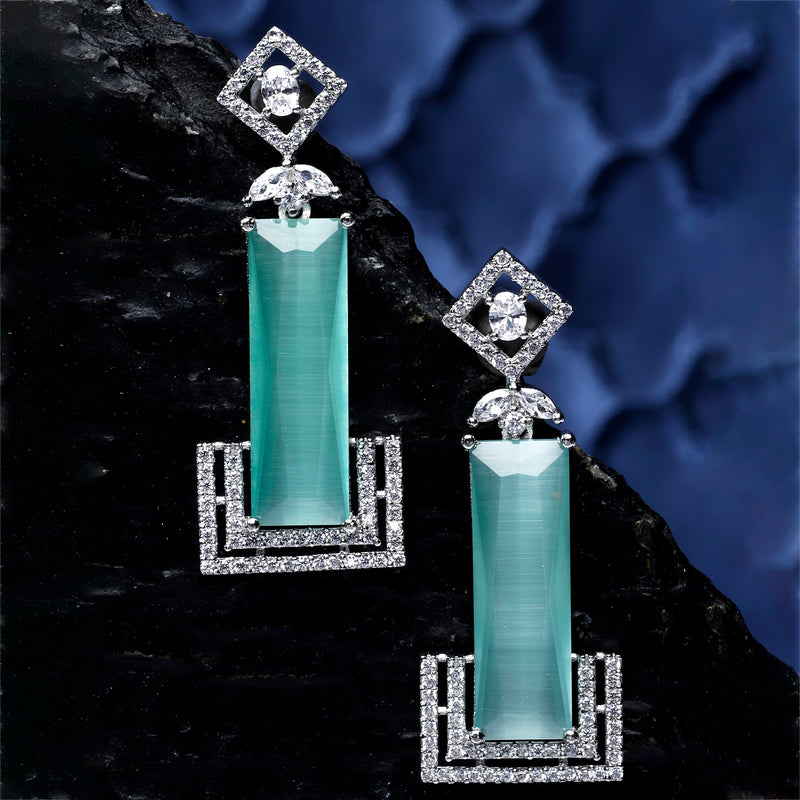Rhodium-Plated Sea Green American Diamond studded Rectangular Shaped Drop Earrings
