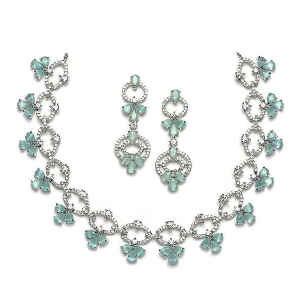 Rhodium-Plated Sea Green Oval American Diamond Studded Circular Shaped Necklace & Earrings Jewellery Set