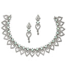 Rhodium-Plated Sea Green American Diamond Studded Floral & Leaf Shaped Necklace with Earrings Jewellery Set