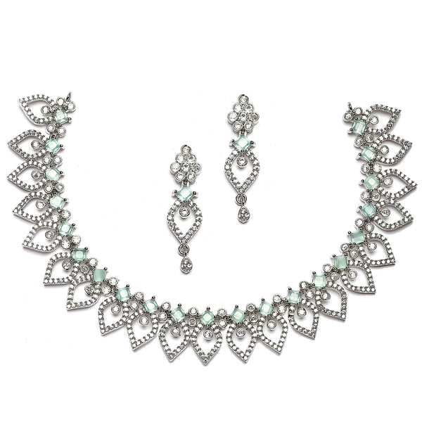 Rhodium-Plated Sea Green American Diamond Studded Floral & Leaf Shaped Necklace with Earrings Jewellery Set