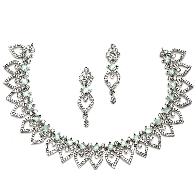 Rhodium-Plated Sea Green American Diamond Studded Floral & Leaf Shaped Necklace with Earrings Jewellery Set