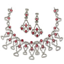 Rhodium-Plated Red American Diamond Studded Quirky Design Necklace with Earrings Jewellery Set