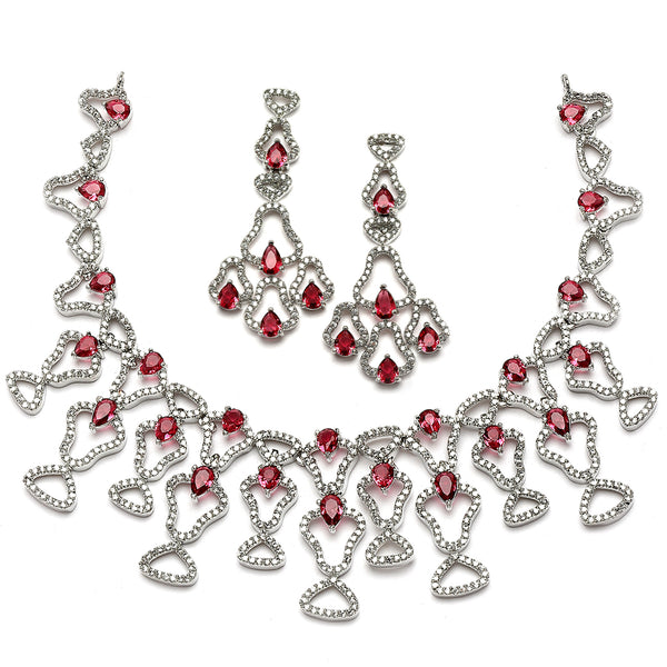 Rhodium-Plated Red American Diamond Studded Quirky Design Necklace with Earrings Jewellery Set