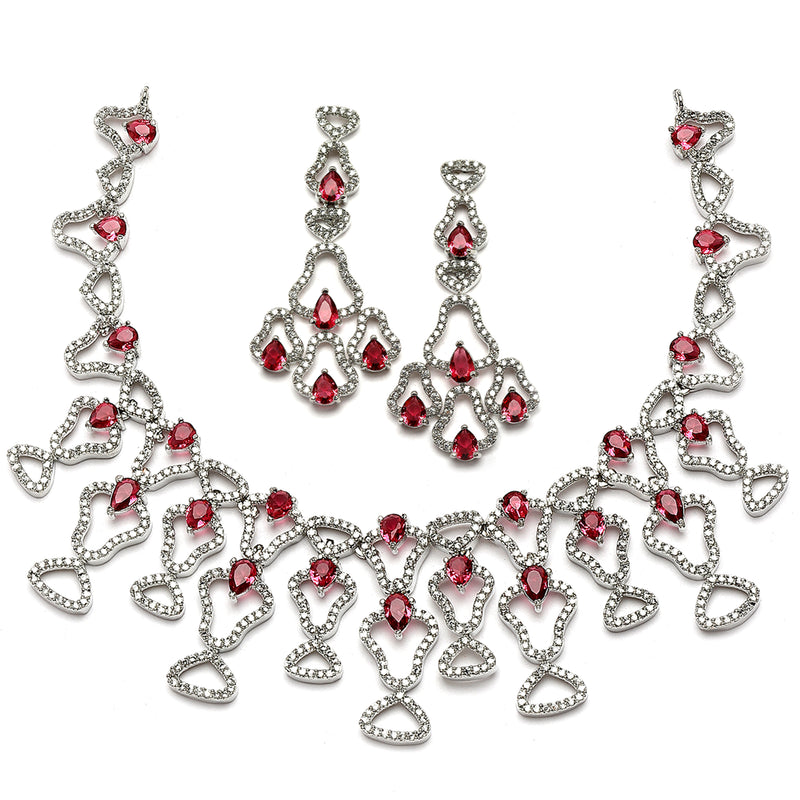 Rhodium-Plated Red American Diamond Studded Quirky Design Necklace with Earrings Jewellery Set