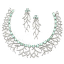 Rhodium-Plated Sea Green American Diamond Studded Eccentric Design Necklace & Earrings Jewellery Set