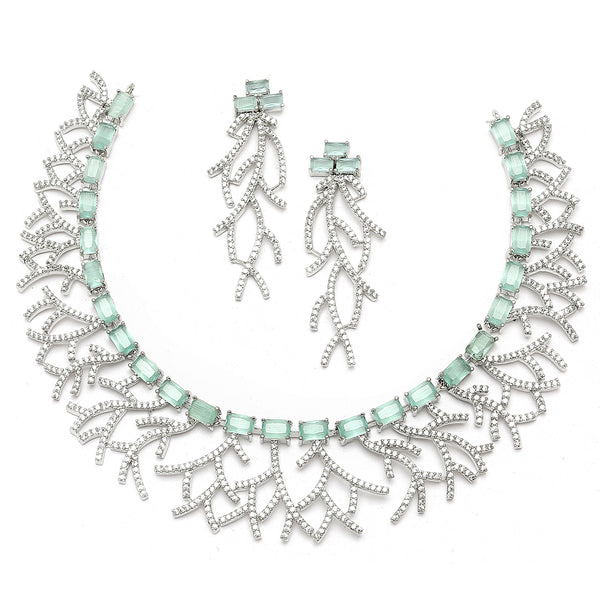 Rhodium-Plated Sea Green American Diamond Studded Eccentric Design Necklace & Earrings Jewellery Set