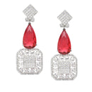 Rhodium-Plated Red & White American Diamond studded Square & Teardrop Drop Earrings