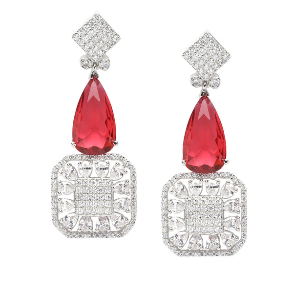 Rhodium-Plated Red & White American Diamond studded Square & Teardrop Drop Earrings
