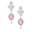 Rhodium-Plated Pink American Diamond studded Contemporary Drop Earrings