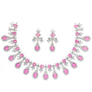 Rhodium-Plated Pink American Diamond Studded Designer Necklace & Earrings Jewellery Set
