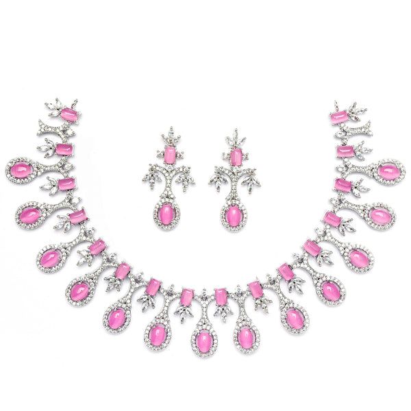 Rhodium-Plated Pink American Diamond Studded Designer Necklace & Earrings Jewellery Set