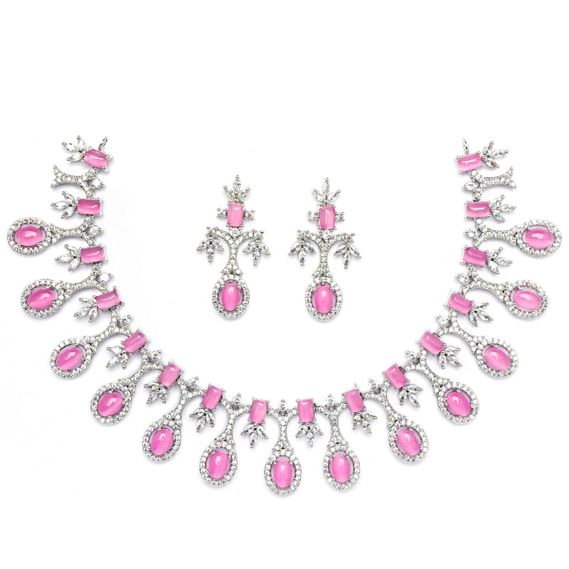 Rhodium-Plated Pink American Diamond Studded Designer Necklace & Earrings Jewellery Set