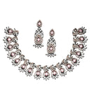 Rose Gold-Plated Gunmetal Toned Pink American Diamond Studded Traditional Touch Necklace & Earrings Jewellery Set