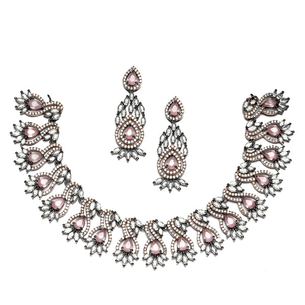 Rose Gold-Plated Gunmetal Toned Pink American Diamond Studded Traditional Touch Necklace & Earrings Jewellery Set