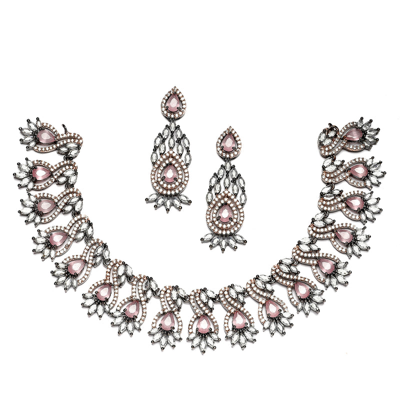 Rose Gold-Plated Gunmetal Toned Pink American Diamond Studded Traditional Touch Necklace & Earrings Jewellery Set