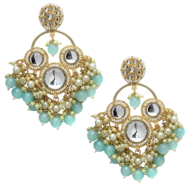 Gold-Plated Kundan & Sky Blue Pearls studded Floral Shaped Tasselled Drop Earrings