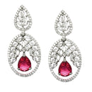 Rhodium-Plated Red & White American Diamond studded Oval Shaped Drop Earrings