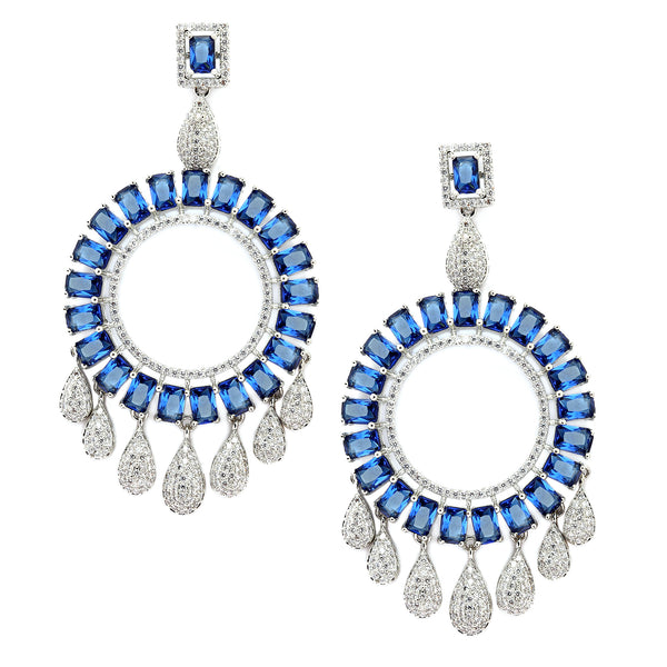 Rhodium-Plated Navy Blue American Diamond studded Circular Shape Dangle Earrings