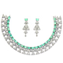 Rhodium-Plated Sea Green American Diamond Studded Triangular Design Necklace & Earrings Jewellery Set