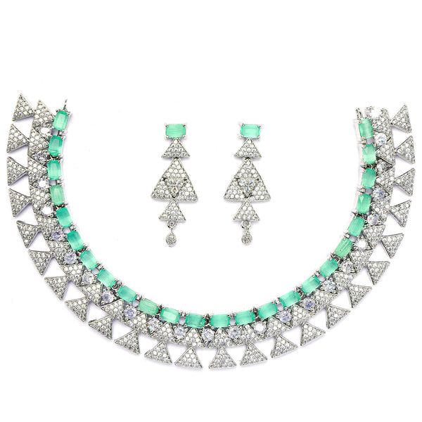 Rhodium-Plated Sea Green American Diamond Studded Triangular Design Necklace & Earrings Jewellery Set