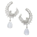Rhodium-Plated Grey American Diamond studded Peacock & Feather Shaped Drop Earrings