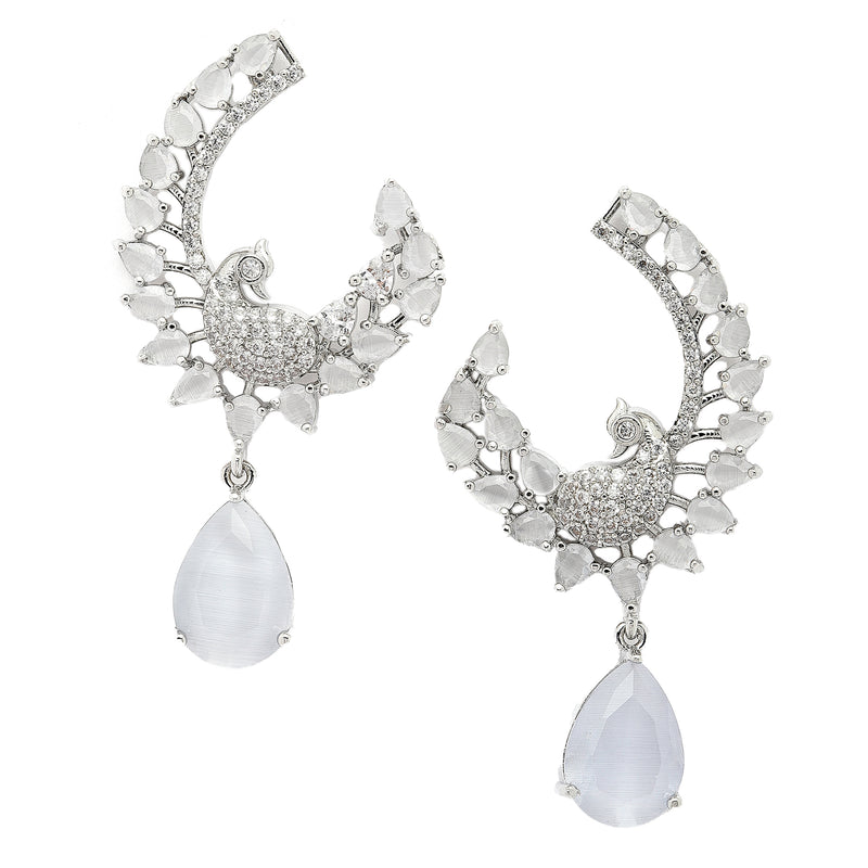 Rhodium-Plated Grey American Diamond studded Peacock & Feather Shaped Drop Earrings